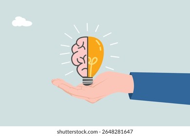 Hand holding a light bulb with half a brain for creative and intelligent thinking idea concept