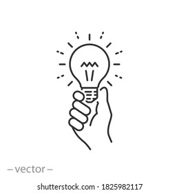 hand holding light bulb, icon, concept innovation idea, vision creative investment, thinking leadership, thin line web symbol on white background - editable stroke vector illustration eps10