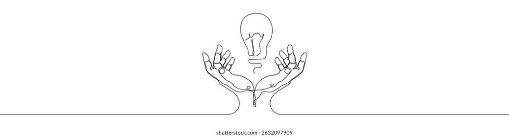 Hand holding Light bulb icon line continuous drawing vector. One line Light bulb hand icon vector background. Light bulb with hands icon. Continuous outline of a Hands of Light bulb icon.