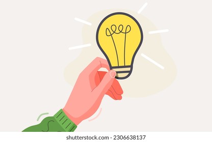 La mano está sosteniendo una bombilla. Idea y concepto de creatividad. Estilo moderno y plano. Aislado sobre fondo blanco. Ilustración del vector