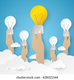 Hand Holding Light Bulb. Idea Concept. Vector paper cut illustration