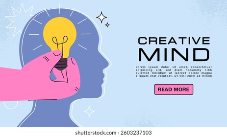 A hand holding a light bulb inside a human head silhouette, symbolizing creativity and ideas. The background is light blue with abstract elements. Concept of innovation. Vector illustration