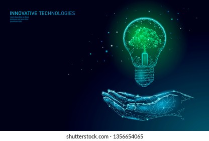 Hand holding light Bulb lamp saving energy ecology concept. Polygonal light blue sprout small plant seedling inside electricity green energy power banner vector illustration