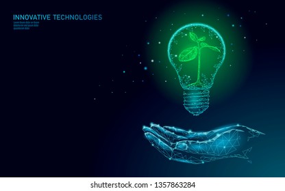 Hand holding light Bulb lamp saving energy ecology concept. Polygonal blue sprout small plant seedling inside electricity green energy power banner vector illustration