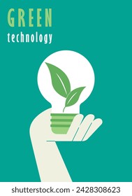 Hand holding light Bulb lamp saving energy ecology concept.Ecology green energy vertical color poster .Nature and Renewable Energy. Vector illustration. 