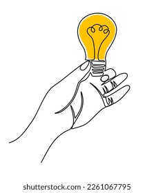 Hand, die eine Glühbirne hält. Leuchtende Lampe mit bearbeitbarem Hub. Bulb Logo, Save Energy Logo, Skizze Zeichnung der Hand halten cfl und normale Glühbirne. Vektorgrafik