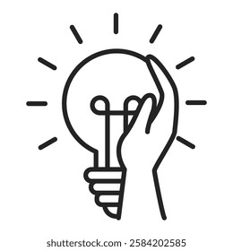 Hand holding light bulb line icon vector isolated. Concept of energy and innovation. Simple symbol of inspiration.