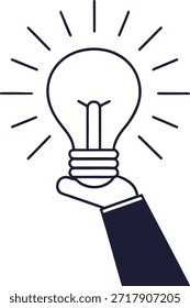 Mano que sostiene una bombilla con líneas que irradian de ella que simbolizan la idea y la inspiración