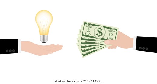 Hand Holding Light Bulb and Money. Save Energy, Money and Electricity. Green Energy or Renewable Energy. Eco- Friendly Concept. 