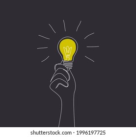 Hand holding light bulb in one continuous line drawing for Concept of creative mind and successful idea. White Doodle hand drawn vector illustration on blackboard