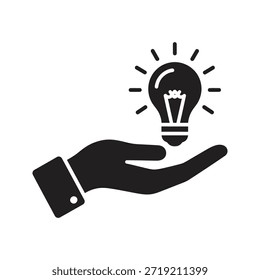 Mão segurando lâmpada de luz aberta palma sólida preto vetor ícone isolado branco fundo apresentando ideia compartilhando símbolo de solução ilustração de design gráfico