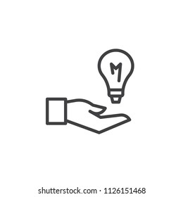 Hand holding a light bulb outline icon. linear style sign for mobile concept and web design. Innovative idea simple line vector icon. Symbol, logo illustration. Pixel perfect vector graphics