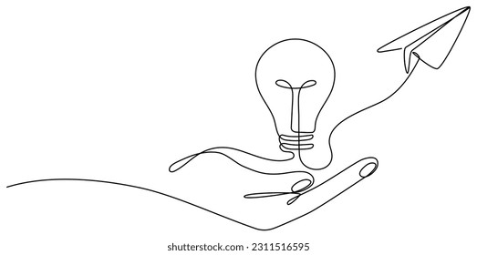 Hand holding light bulb and paper plane continuous line drawing.  Vector illustration isolated on white.