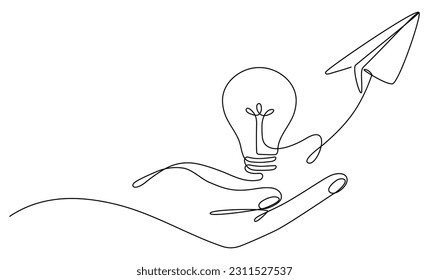 Hand holding light bulb and paper plane continuous line drawing.  Vector illustration isolated on white.