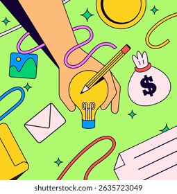 Hand holding a light bulb with a pencil, surrounded by icons like money, email, and folders representing creativity, ideas, and business innovation in cartoon hand drawn illustration