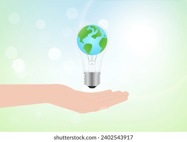 Hand Holding Light Bulb with Planet Earth inside. Saving Electricity and Energy. Green Energy or Renewable Energy. Eco- Friendly Concept. 