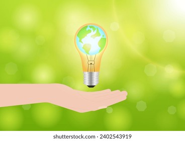 Hand Holding Light Bulb with Planet Earth inside. Saving Electricity and Energy. Green Energy or Renewable Energy. Eco- Friendly Concept. 