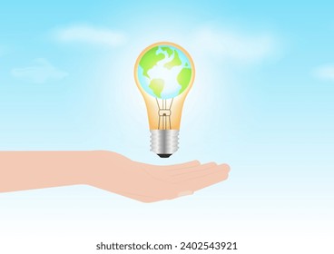 Hand Holding Light Bulb with Planet Earth inside. Saving Electricity and Energy. Green Energy or Renewable Energy. Eco- Friendly Concept. 