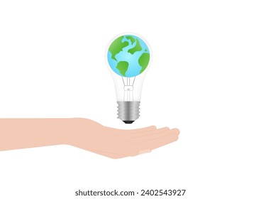 Hand Holding Light Bulb with Planet Earth inside. Saving Electricity and Energy. Green Energy or Renewable Energy. Eco- Friendly Concept. 