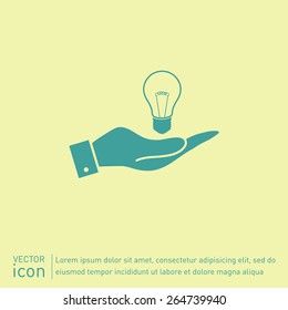 hand holding a light bulb sign. character ideas. incandescent lamp. icon of electric light