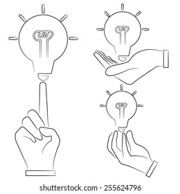 hand holding light bulb, sketch line