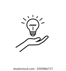Mano que sostiene la bombilla. Icono de idea inteligente aislado. Innovación, icono de la solución. Soluciones energéticas. Concepto de ideas de poder. Lámpara eléctrica, invención tecnológica. Palma humana. Inspiración empresarial.