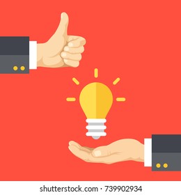 Hand holding light bulb, hand with thumbs up. Great idea, innovative solution, business, creative idea concept. Flat design graphic elements for web sites, web banner, infographic. Vector illustration