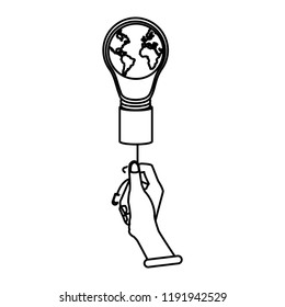 Hand holding light bulb world symbol