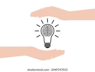 Hand Holding Lightbulb with Brain. Brainstorm, Creativity and Thinking Idea Concept. Vector Illustration. 