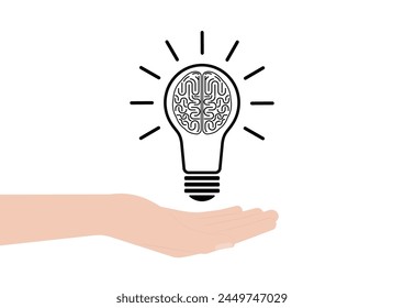 Hand Holding Lightbulb with Brain. Brainstorm, Creativity and Thinking Idea Concept. Vector Illustration. 