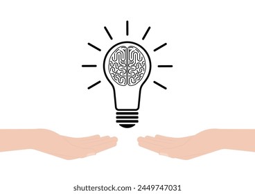 Bombilla de mano con cerebro. Lluvia de ideas, creatividad y pensamiento Idea Concepto. Ilustración vectorial. 