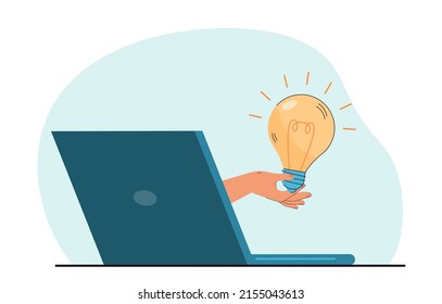 Hand holding lightbulb coming out of laptop screen. Person offering idea, solution or innovation flat vector illustration. Creativity, education, technology concept for banner or landing web page