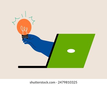 Hand holding lightbulb coming out of laptop screen. Colorful vector illustration