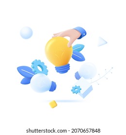 Hand holding lightbulb. Concept of invention, discovery or idea collection, creative startup, innovative hi-tech project, technological breakthrough. 3D cartoon vector illustration for banner, poster.