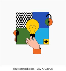 Hand holding lightbulb in flat vector illustration symbolizing creativity, problem solving, and innovation, isolated on white background.
