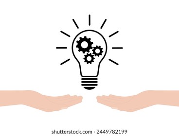 Hand Holding Lightbulb with Gear. Brainstorm, Creativity and Thinking Idea Concept. Vector Illustration. 