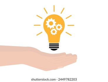 Hand Holding Lightbulb with Gear. Brainstorm, Creativity and Thinking Idea Concept. Vector Illustration. 