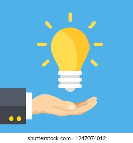 Hand holding lightbulb. Human hand and light bulb. Business solution, smart idea, creativity, innovation concepts. Modern flat design graphic elements. Vector illustration