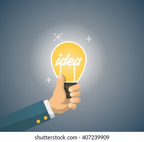 Hand holding lightbulb. Idea concept. Vector illustration in flat style