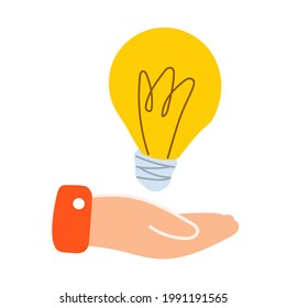 Hand holding lightbulb. New idea concept. Vector illustration on white background. 