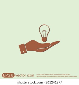 hand holding a lightbulb sign. character ideas. incandescent lamp . icon of electric light