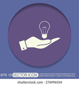 hand holding a lightbulb sign. character ideas. incandescent lamp . icon of electric light