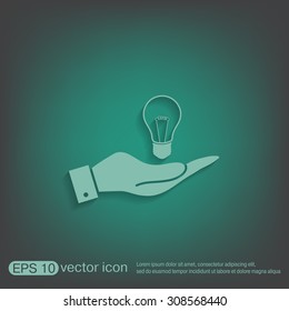 hand holding a lightbulb sign. character ideas. incandescent lamp . icon of electric light