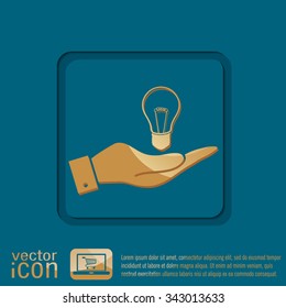 hand holding a lightbulb sign. character ideas. incandescent lamp . icon of electric light