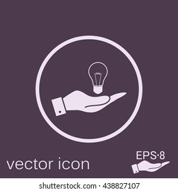 hand holding a lightbulb sign. character ideas. incandescent lamp . icon of electric light