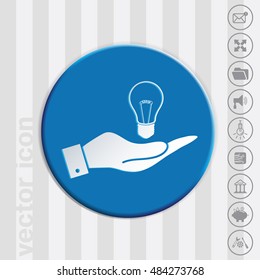 hand holding a lightbulb sign. character ideas. incandescent lamp . icon of electric light
