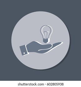 hand holding a lightbulb sign. character ideas. incandescent lamp . icon of electric light