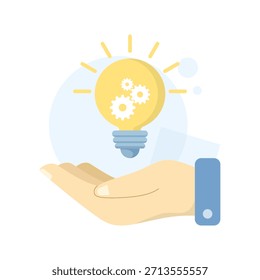 Hand holding a lightbulb vector illustration, symbolizing creativity, innovation, brainstorming, and idea generation for business or personal projects.