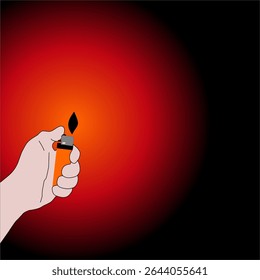 Hand holding a lighter with flame against a red and black gradient background