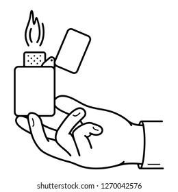 Hand holding lighter. Vector flat outline icon illustration isolated on white background.